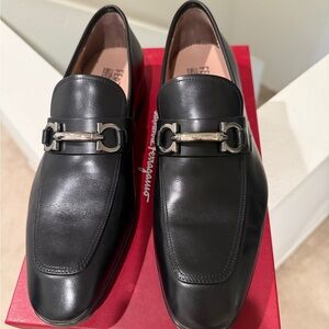 Salvatore Ferragamo Black Leather Loafers with Silver Bit